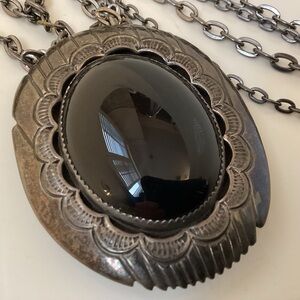 Vintage Sterling Silver & Black Stone Pendant Necklace
